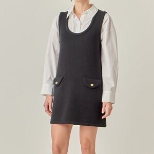 English Factory Sleeveless Knit Mini Dress Pinafore Black Gold Button Pockets XL